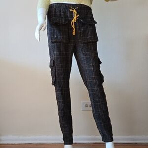 Forever 21 Black Plaid Joggers with Yellow Drawstring